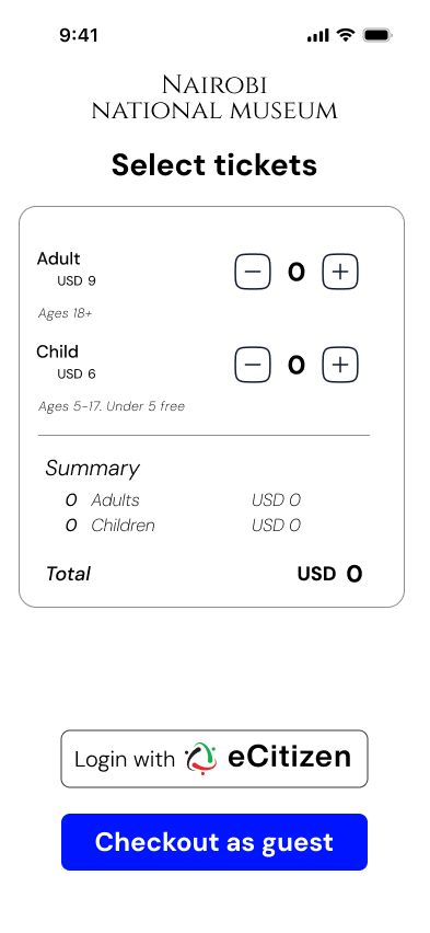 Ticket selection screen